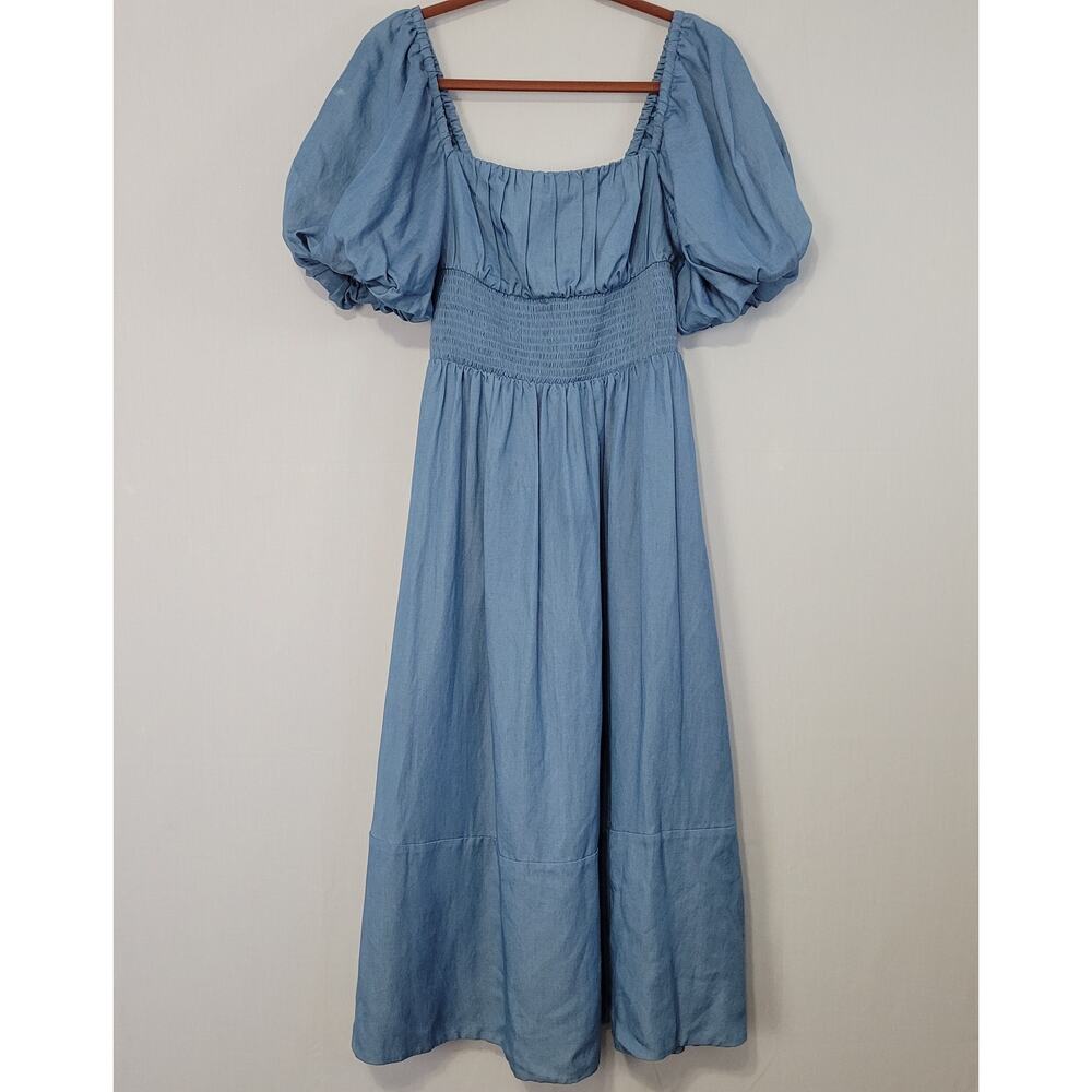 Jason Wu Linen Blend Chambray Square Neck Puff Sleeve Midi Dress size 6 Milkmaid - Picture 2 of 12